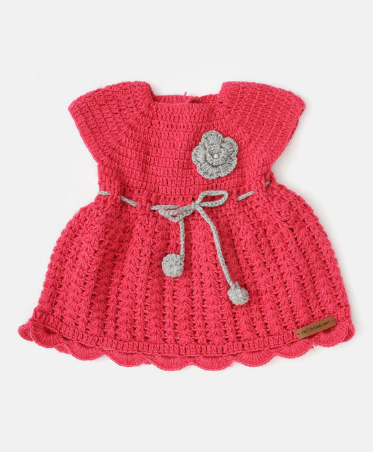 White and Red Hand Knitted Girl Woolen Frock