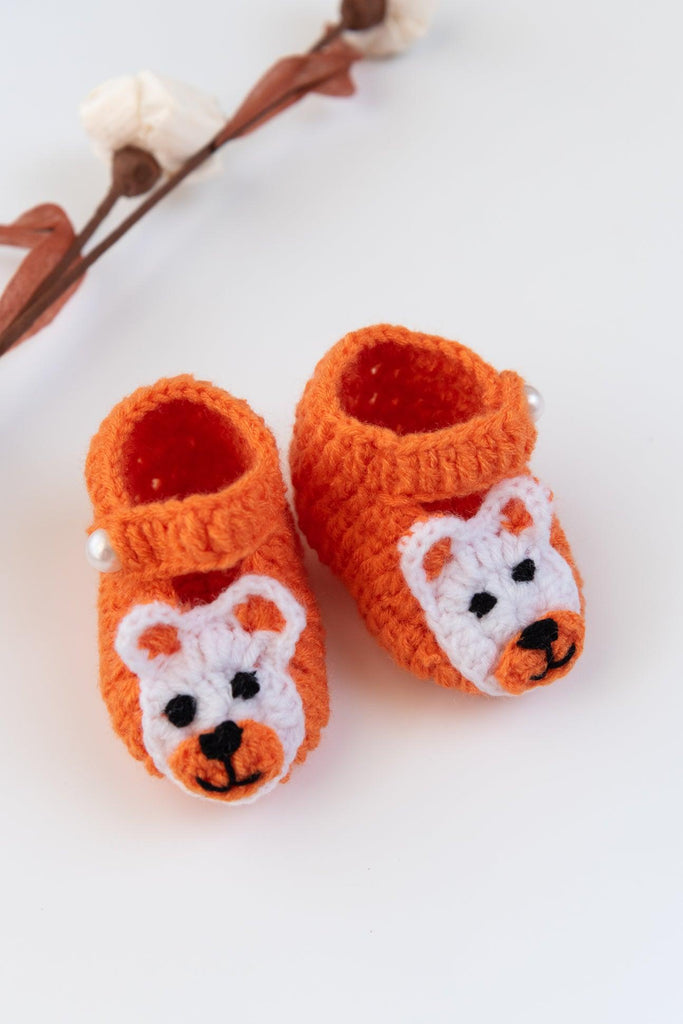 Teddy Handmade Knit Crochet Baby Booties- Orange - The Original Knit