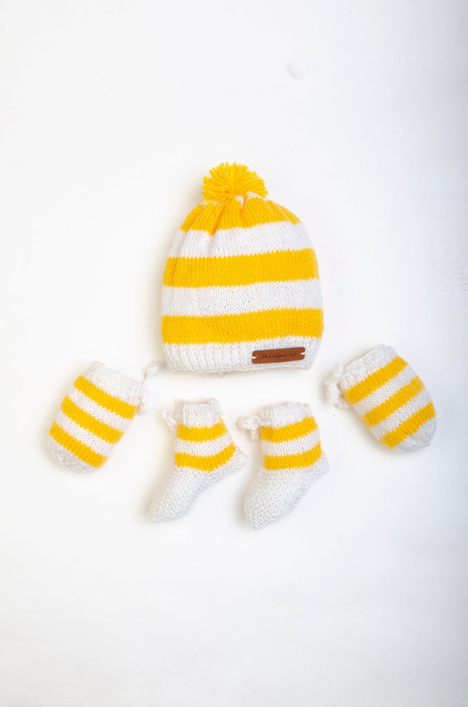 Striped Handmade Cap, Mittens & Socks- Yellow & White - The Original Knit