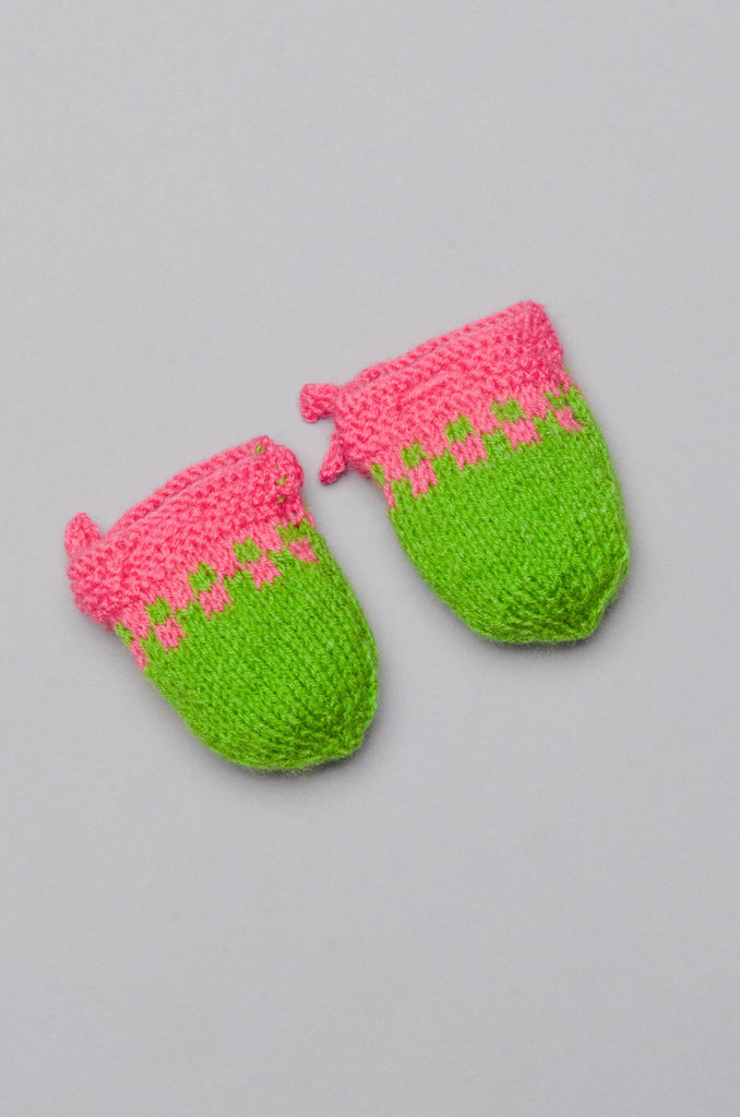 Unisex Handmade Mittens- Green & Rose Pink - The Original Knit